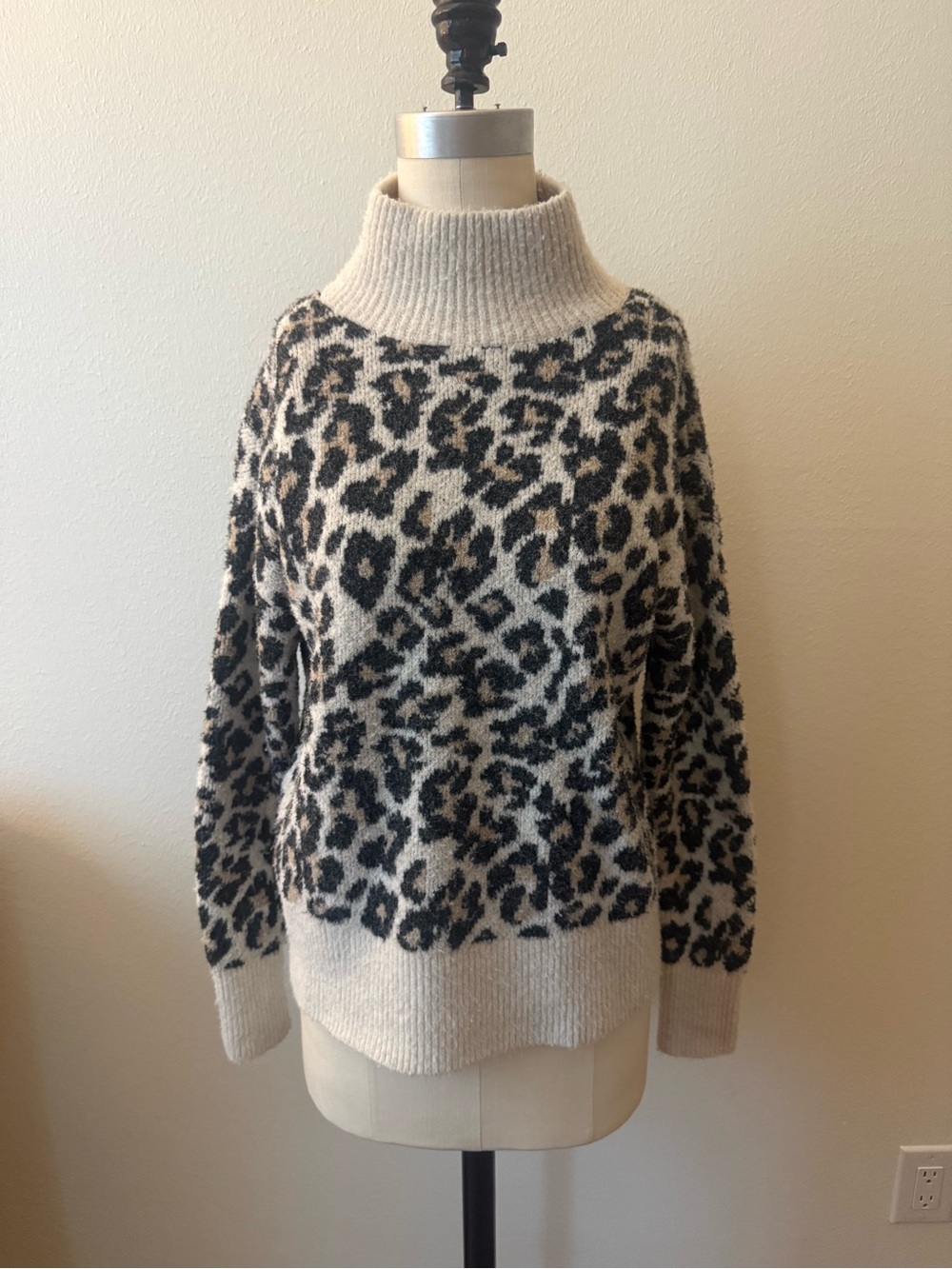 LOFT Cream and Black Leopard-Print Turtleneck Sweater